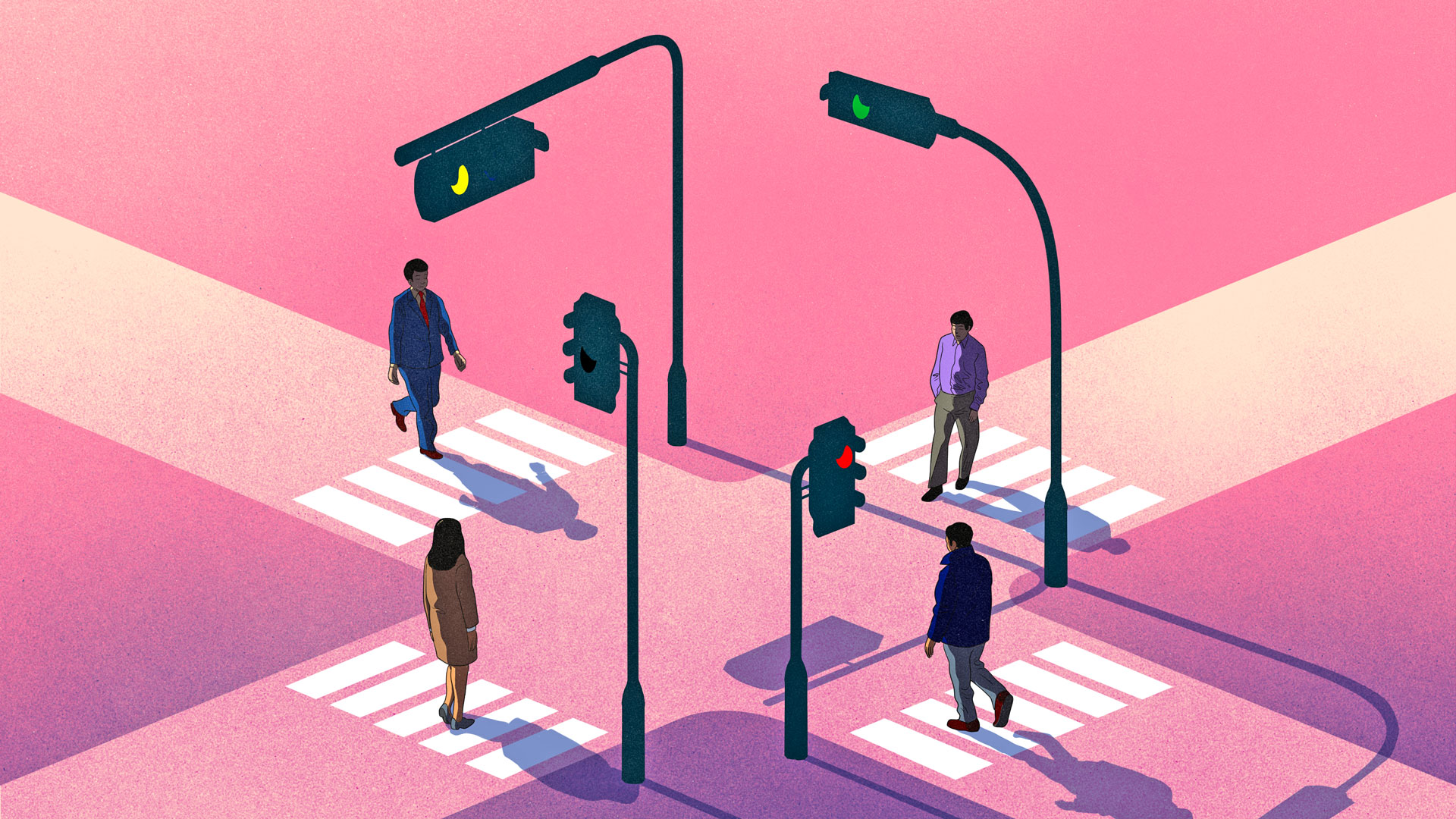 4 Menschen stehen an einer Kreuzung mit 4 Ampeln, die alle jeweils eine andere Farbe anzeigen (rot, gelb, grün, schwarz)