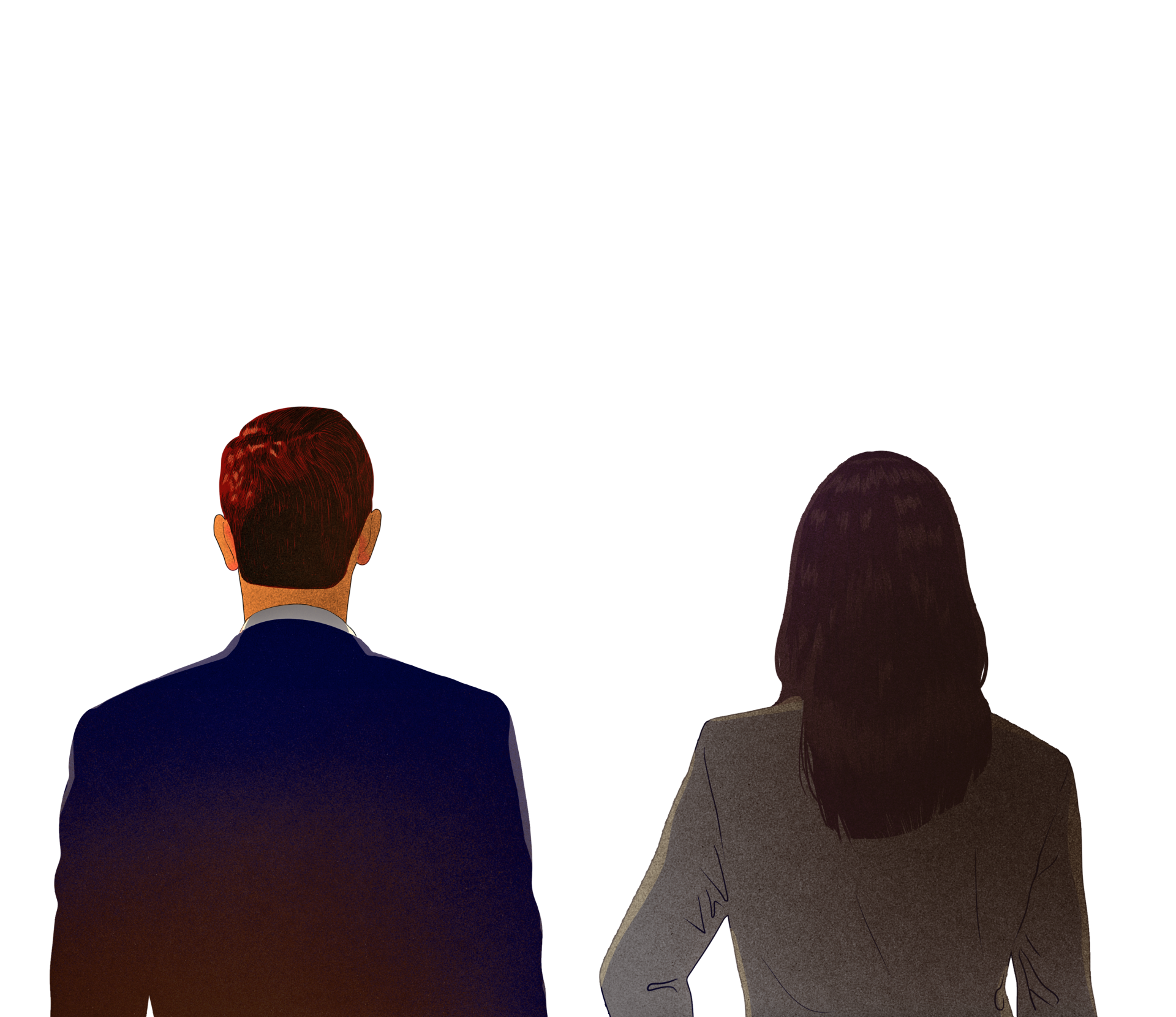 Eine Frau und ein Mann in Businesskleidung von hinten