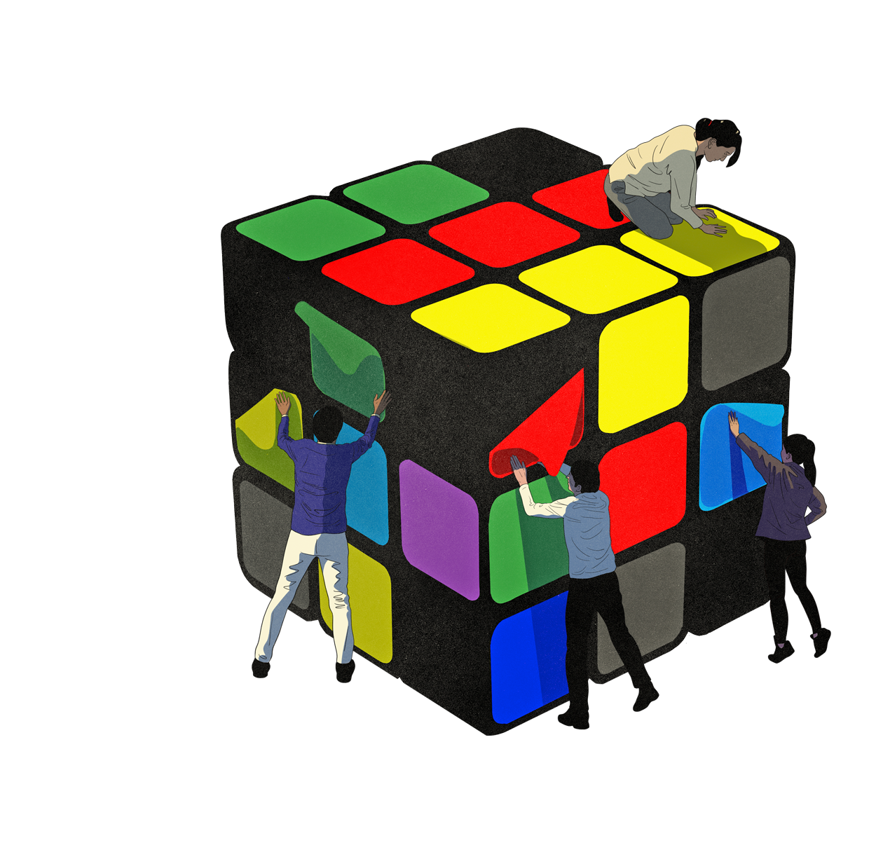 4 Menschen plakatieren einen Cubixwürfel mit den Farben der großen Parteien.