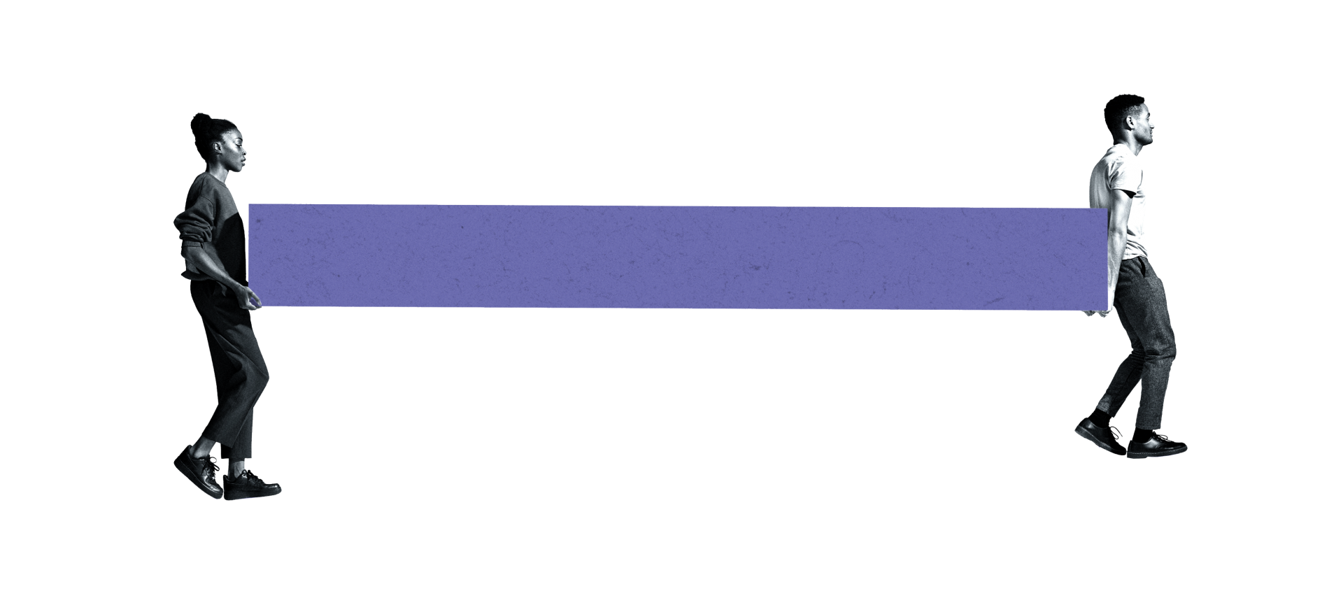 Eine Frau und ein Mann balancieren einen violetten Balken