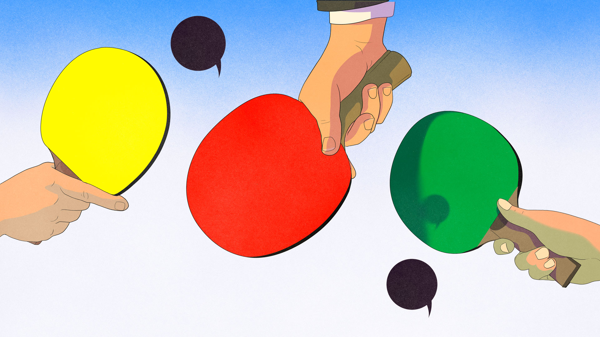 Drei Tischtenniskellen in gelb, rot, grün mit Sprechblasen als Bälle